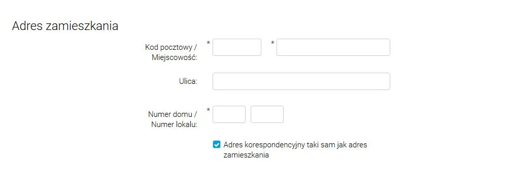 Formularz rejestracyjny - adres zamieszkania