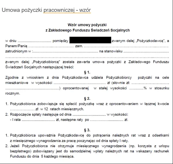 Wzór umowy pożyczki pracowniczej